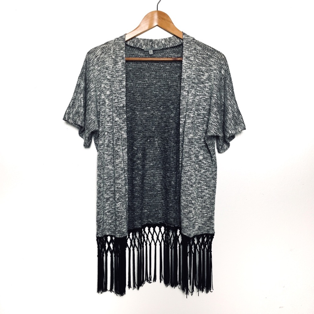 Gray Knit Fringed Hem Kimono Cardigan